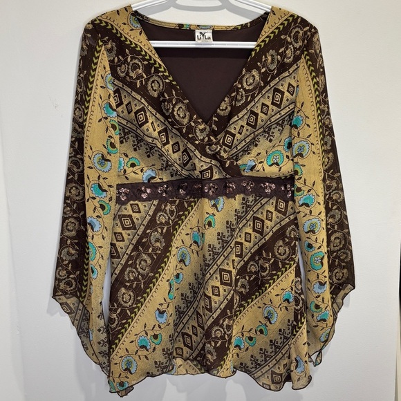 Brown Boho Y2K V-Neck Bell Sleeve Blouse M - Picture 3 of 14